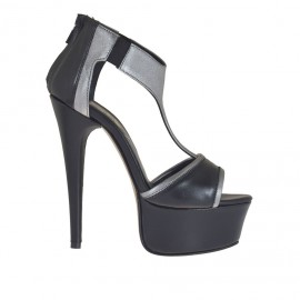 Scarpa aperta da donna con plateau, elastici e cerniera in pelle nera e grigio canna di fucile tacco 13 - Misure disponibili: 42, 45, 46