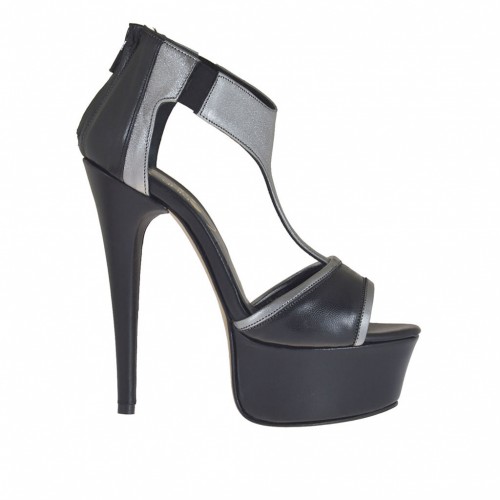 Scarpa aperta da donna con plateau, elastici e cerniera in pelle nera e grigio canna di fucile tacco 13 - Misure disponibili: 42, 45, 46