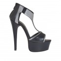 Woman's open platform shoes with elastics and zip in black and gunmetal grey laminated leather heel 13