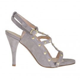 Sandalo da donna con plateau, borchie e cinturino in camoscio grigio glicine tacco 8 - Misure disponibili: 34, 42