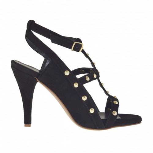 Sandalo da donna con plateau, borchie e cinturino in camoscio nero tacco 8 - Misure disponibili: 34, 42, 46