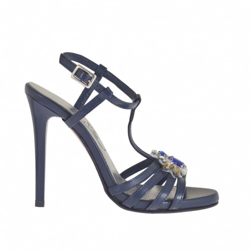 Sandale salomé pour femmes en cuir bleu avec courroie, plateforme, strass et talon en vernis 11 - Pointures disponibles:  42