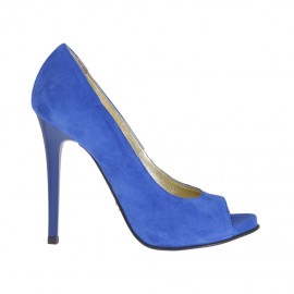 Scarpa aperta da donna in camoscio blu elettrico con plateau e tacco 10 - Misure disponibili: 42