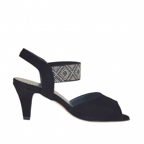 Damensandale mit goldenen, silbernen und kanonbronzefarbenen Nieten aus schwarzem Wildleder Absatz 6 - Verfügbare Größen:  32