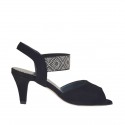 Woman's sandal with design in golden, silver and gunmetal studs in black suede heel 6