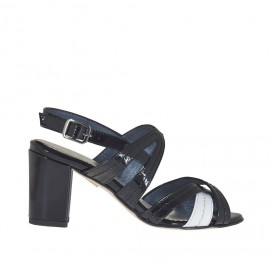 Sandalia de tiras cruzadas para mujer en charol de color negro y blanco tacon 7 - Tallas disponibles:  42, 46