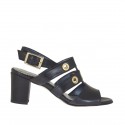 Sandale à bandes pour femmes avec goujons dorés en cuir noir talon 6