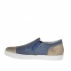 Damenschuh mit glitzernden Gummibändern aus blauem und bronzefarbenem laminiertem Leder und Keilabsatz 2 - Verfügbare Größen:  32, 46