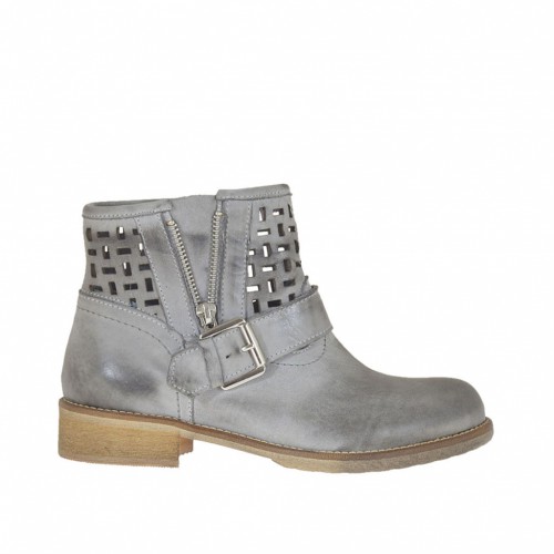 Botines con hebilla y cremallera para mujer en piel  anticada perforada de color gris tacon 3 - Tallas disponibles:  32