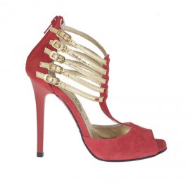 Chaussure ouvert pour femmes avec fermeture éclair et courroies en daim rouge et cuir verni platine avec plateforme talon 10 - Pointures disponibles:  42