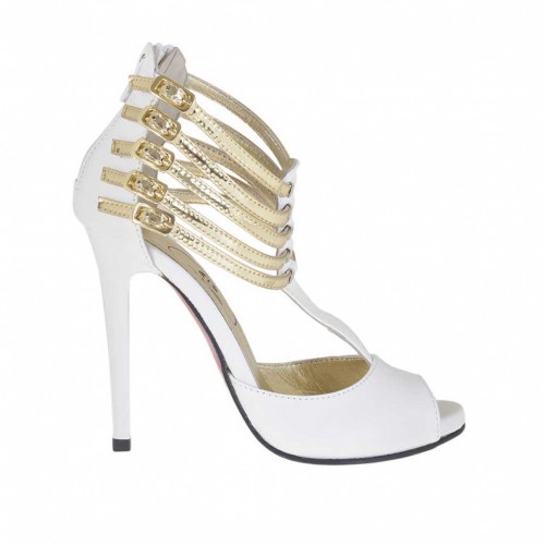 Scarpa aperta da donna con cerniera e cinturini in pelle bianca e vernice platino con plateau tacco 10 - Misure disponibili: 34, 42, 43