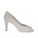 Woman's open toe pump with platform in grey leather heel 8