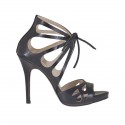 Woman's open platform pump with laces in black pierced leather heel 11