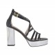 Scarpa aperta da donna con listini e cinturino in pelle nera con plateau e tacco 10 in vernice argento - Misure disponibili: 42, 43