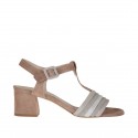 Woman's t-strap sandal in earthtone and laminated taupe, grey and silver suede heel 5