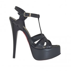 Sandalia para mujer con tiras cruzadas y plataforma en piel de color negro tacon 13 - Tallas disponibles:  42