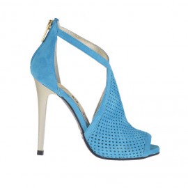 Scarpa aperta da donna con plateau e cerniera in camoscio forato turchese con tacco 10 laccato platino - Misure disponibili: 42