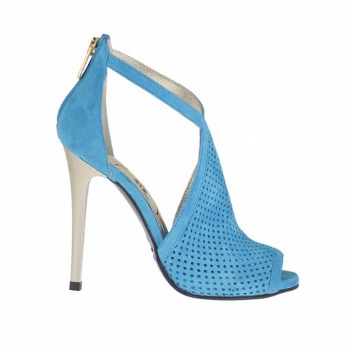 Chaussure ouvert pour femmes avec fermeture éclair en daim perforé turquoise avec talon 10 en vernis platine - Pointures disponibles:  42