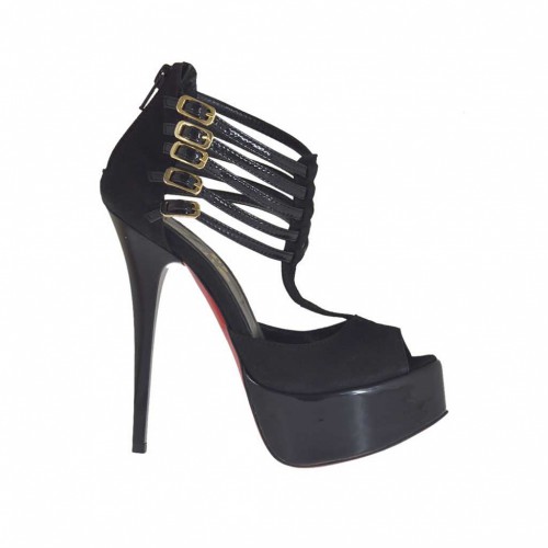 Scarpa aperta da donna con plateau, cerniera e cinturini in camoscio e vernice nera tacco 13 - Misure disponibili: 42, 45