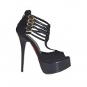 Woman's open shoe with zipper, straps and platform in black suede and patent leather heel 13