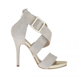 Scarpa aperta da donna con cerniera, plateau e fibbia in pelle platino e camoscio ghiaccio laminato platino tacco 11 - Misure disponibili: 42