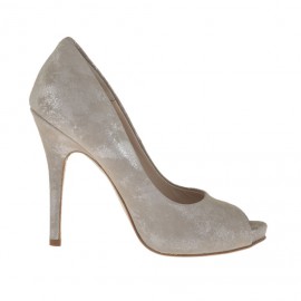 Scarpa aperta da donna con plateau interno in camoscio taupe laminato argento tacco 11 - Misure disponibili: 31