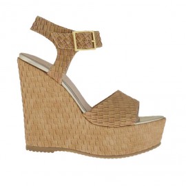 Sandalo da donna stampato cuoio chiaro a intreccio con cinturino, zeppa e plateau rivestiti zeppa 11 - Misure disponibili: 42