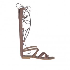 Scarpa aperta alla schiava da donna con cerniera e lacci in pelle taupe tacco 1 - Misure disponibili: 32, 33