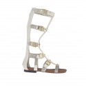 Woman's gladiator open shoe with zipper, studs and buckles in white and grey printed leather heel 1