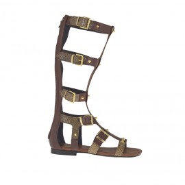 Chaussure spartiates ouvert pour femmes avec fermeture éclair, goujons et boucles en cuir et cuir imprimé marron foncé talon 1 - Pointures disponibles:  32, 33, 34, 42