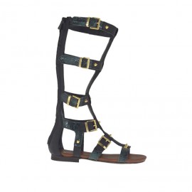 Chaussure spartiates ouvert pour femmes avec fermeture éclair, goujons et boucles en cuir noir et cuir imprimé vert talon 1 - Pointures disponibles:  32, 33, 34