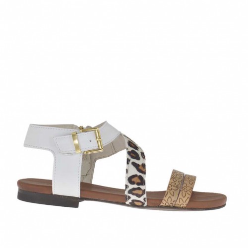 Sandalo da donna con cinturino in pelle bianca, stampata cuoio e maculato tacco 1 - Misure disponibili: 33