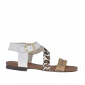 Woman's strap sandal in white, printed tan leather and spotted leather heel 1