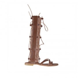 Sandalo alla schiava da donna con cerniera e lacci in pelle color cuoio tacco 1 - Misure disponibili: 32, 33, 34, 42