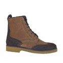 Woman's laced ankle boot with zipper in brown and dark brown suede heel 3