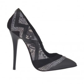 Zapato de salon para mujer en piel y gamuza negra y piel estampada gris tacon 10 - Tallas disponibles:  32, 42