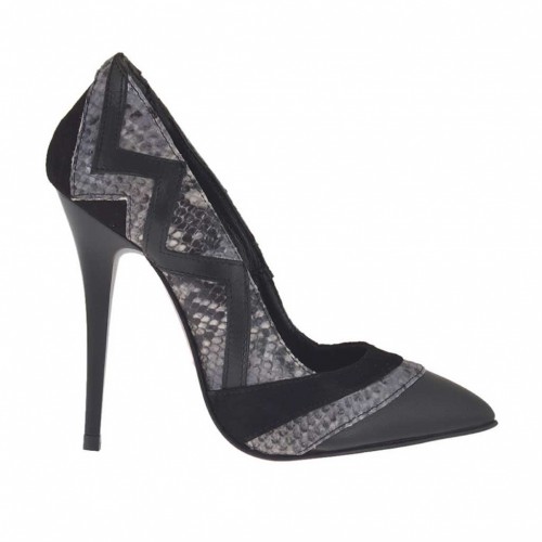 Escarpin pour femmes en cuir et daim noir et cuir imprimé gris talon 10 - Pointures disponibles:  32, 42