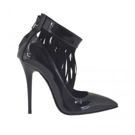 Zapato de salon para mujer con cremallera y flecos de gamuza en charol negro tacon 10 - Tallas disponibles:  42