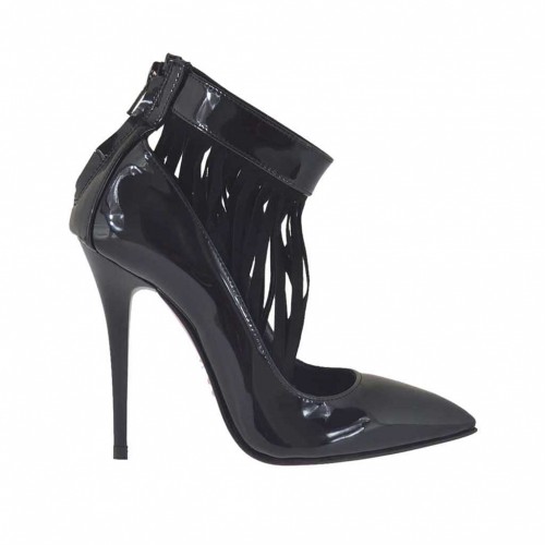 Decolté da donna con cerniera e frange di camoscio in vernice nera tacco 10 - Misure disponibili: 42
