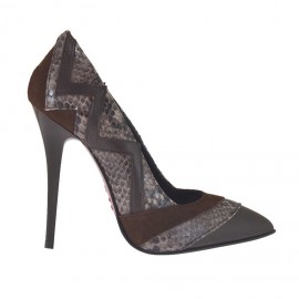 Zapato de salon a punta para mujer en piel marron oscura, gamuza marron y piel estampada marron tacon 10 - Tallas disponibles:  32, 34, 42