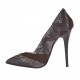 Zapato de salon a punta para mujer en piel marron oscura, gamuza marron y piel estampada marron tacon 10 - Tallas disponibles:  32, 34, 42