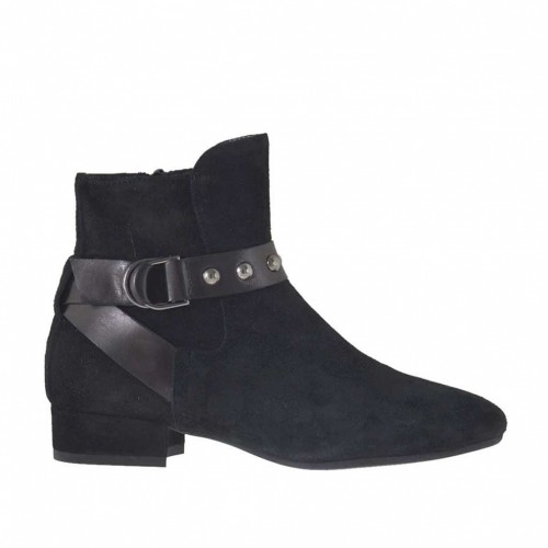 Botines pour femmes avec fermeture éclair, elastique, boucle et goujons en daim et cuir noir talon 2 - Pointures disponibles:  33