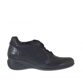 Zapato para mujer con cordones en piel y piel estampada negra cuña 5 - Tallas disponibles:  42, 44