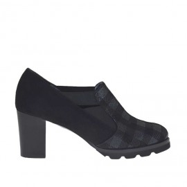 Zapato alto al tobillo con elasticos para mujer en gamuza y gamuza imprimida escocésa negra tacon 7 - Tallas disponibles:  45