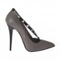 Woman's pump shoe in dove grey leather with black patent leather strap with studs heel 10