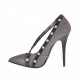 Woman's pump shoe in dove grey leather with black patent leather strap with studs heel 10 - Available sizes:  42
