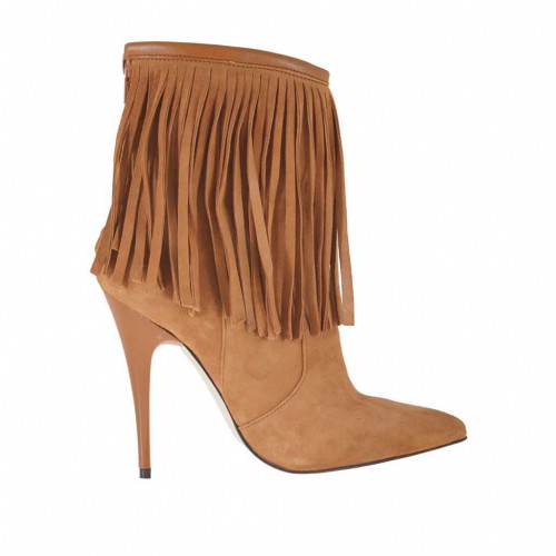 Stivaletto da donna con cerniera e frange in camoscio color cuoio tacco 10 - Misure disponibili: 43