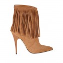 Woman's ankle boot with zipper and fringes in tan-colored suede heel 10