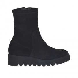Damenstiefelette mit Reissverschluss aus schwarzem elastischem Wildleder Keilabsatz 4 - Verfügbare Größen:  32