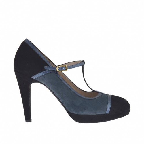 Decolté da donna con cinturino charleston in camoscio nero e blu e vernice azzurra con plateau tacco 9 - Misure disponibili: 43